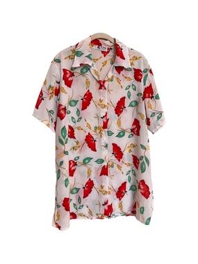 VINTAGE La Sirene Creation Paris White Bold Red Floral Blouse Lightweight Sz S/M